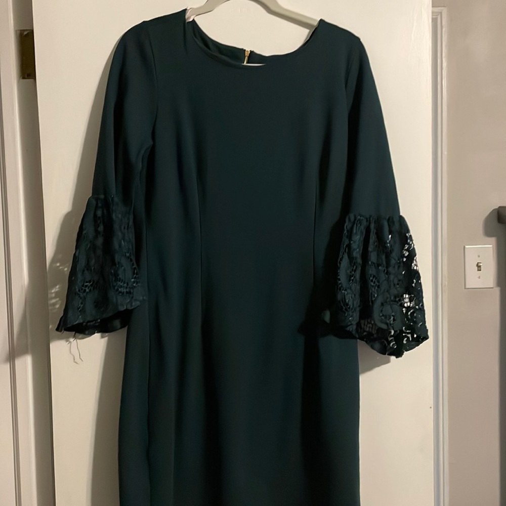 Green dress; midi length with three quarter sleeves